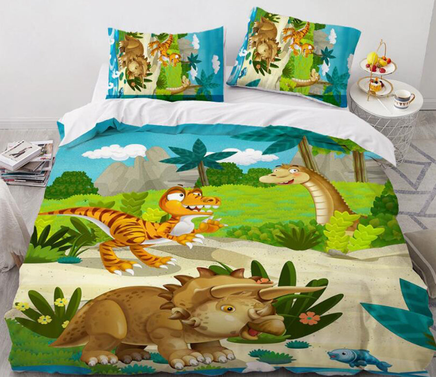 3D Cartoon Dinosaur Forest 043 Bed Pillowcases Quilt