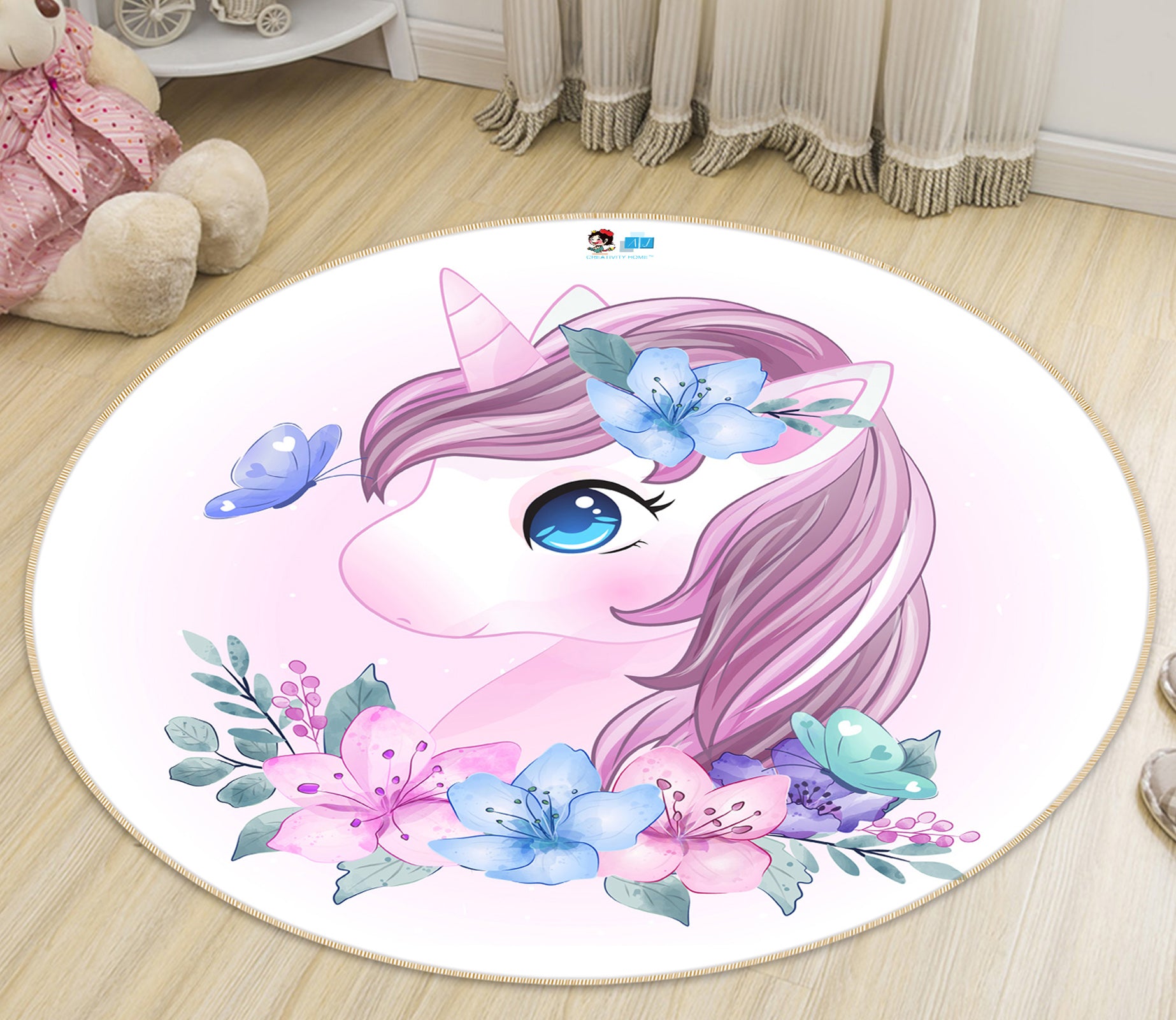 3D Flowers Unicorn 74229 Round Non Slip Rug Mat