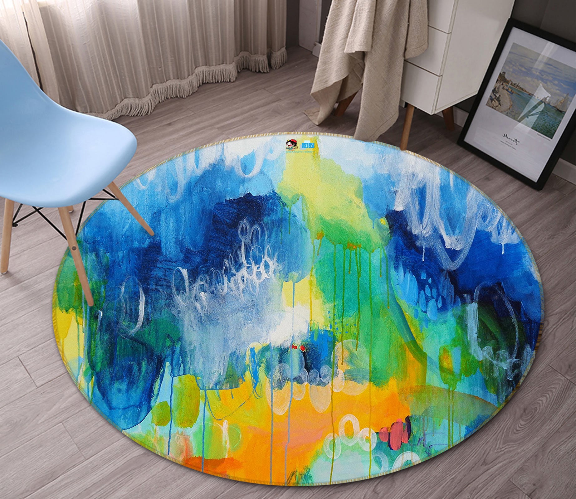 3D Blue Paint 1308 Misako Chida Rug Round Non Slip Rug Mat