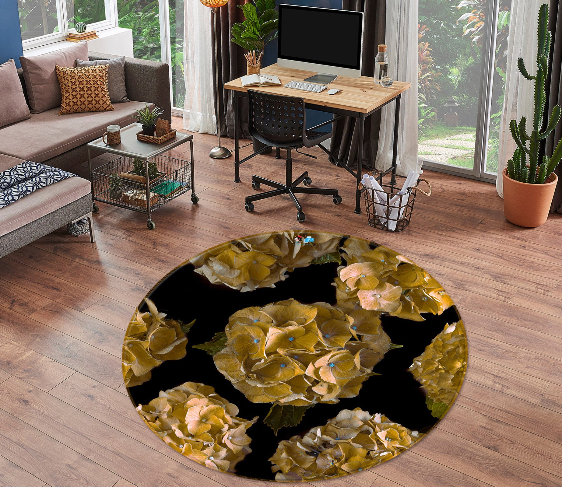 3D Yellow Flowers 7325 Assaf Frank Rug Round Non Slip Rug Mat