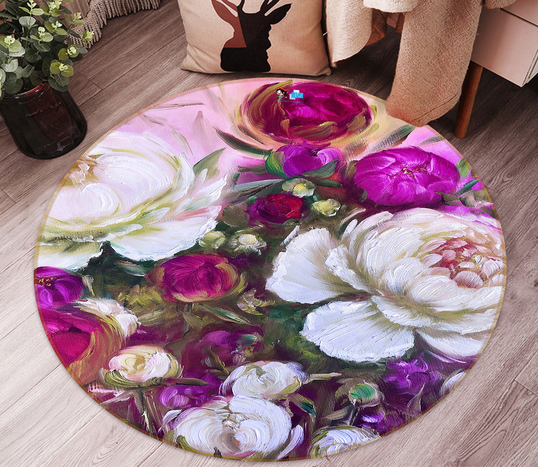 3D Bright Flowers 729 Skromova Marina Rug Round Non Slip Rug Mat