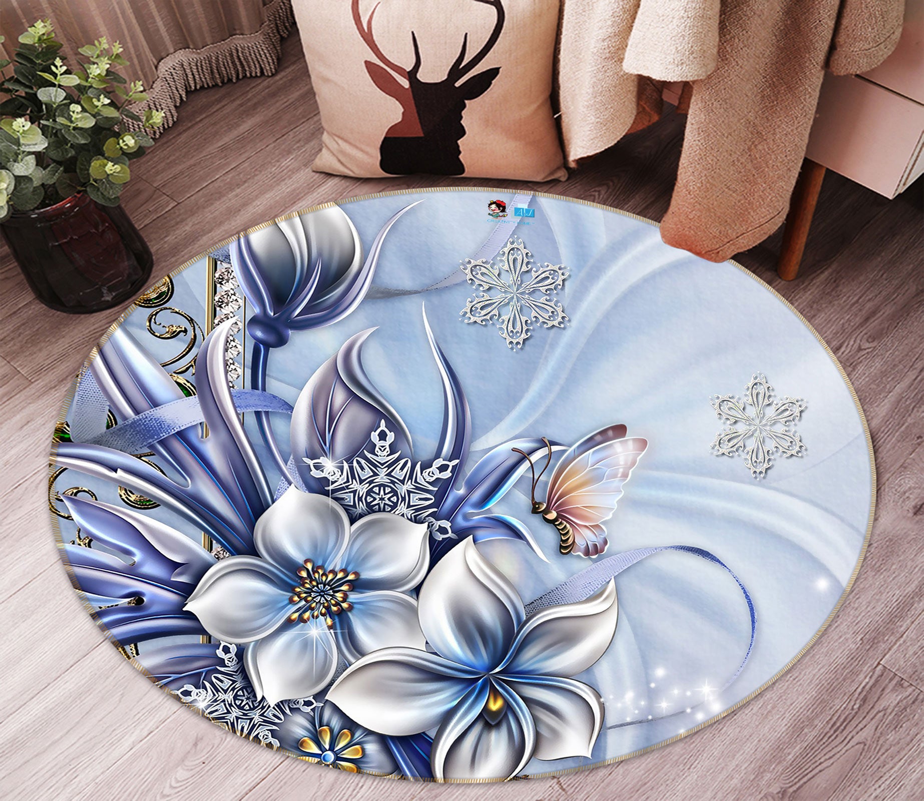 3D Flower Butterfly 80268 Round Non Slip Rug Mat