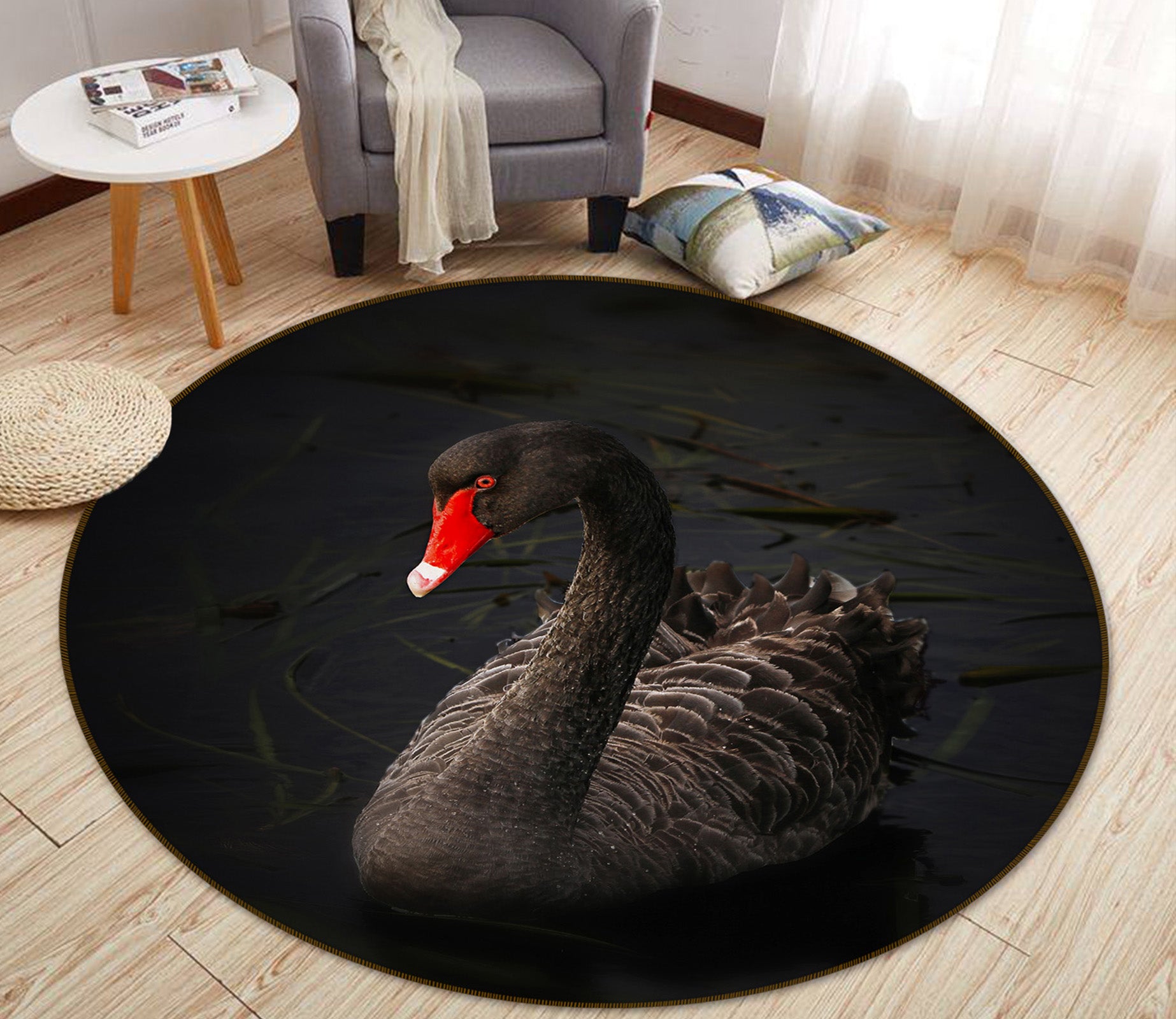 3D Black Swan 81280 Animal Round Non Slip Rug Mat