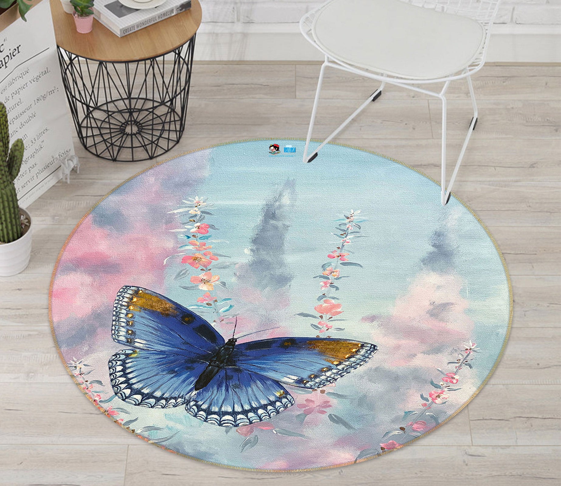 3D Blue Butterfly 9726 Marina Zotova Rug Round Non Slip Rug Mat