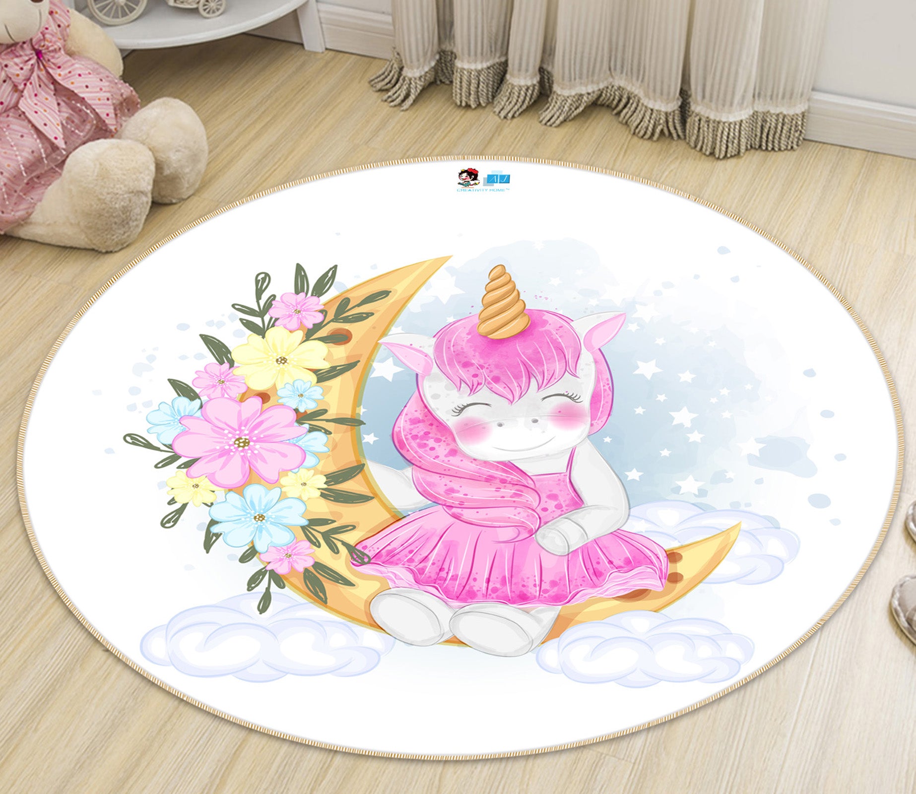 3D Moon Unicorn 74274 Round Non Slip Rug Mat