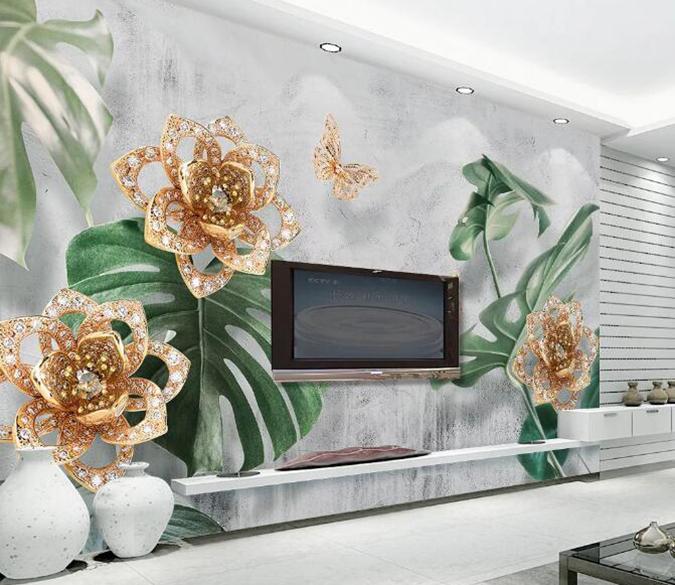 3D Golden Flowers 1295 Wall Murals Wallpaper AJ Wallpaper 2 