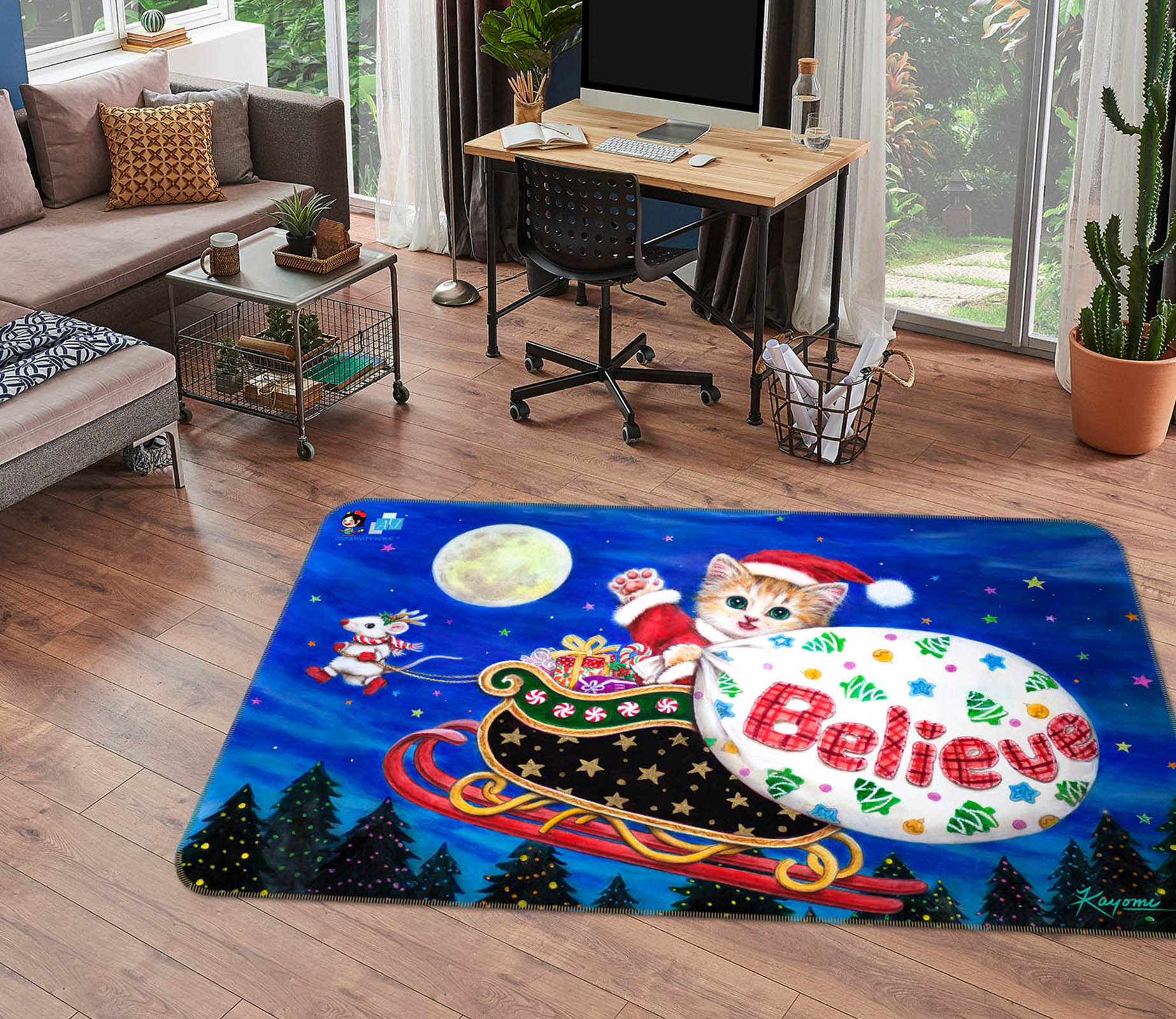 3D Christmas Cat 5609 Kayomi Harai Rug Non Slip Rug Mat