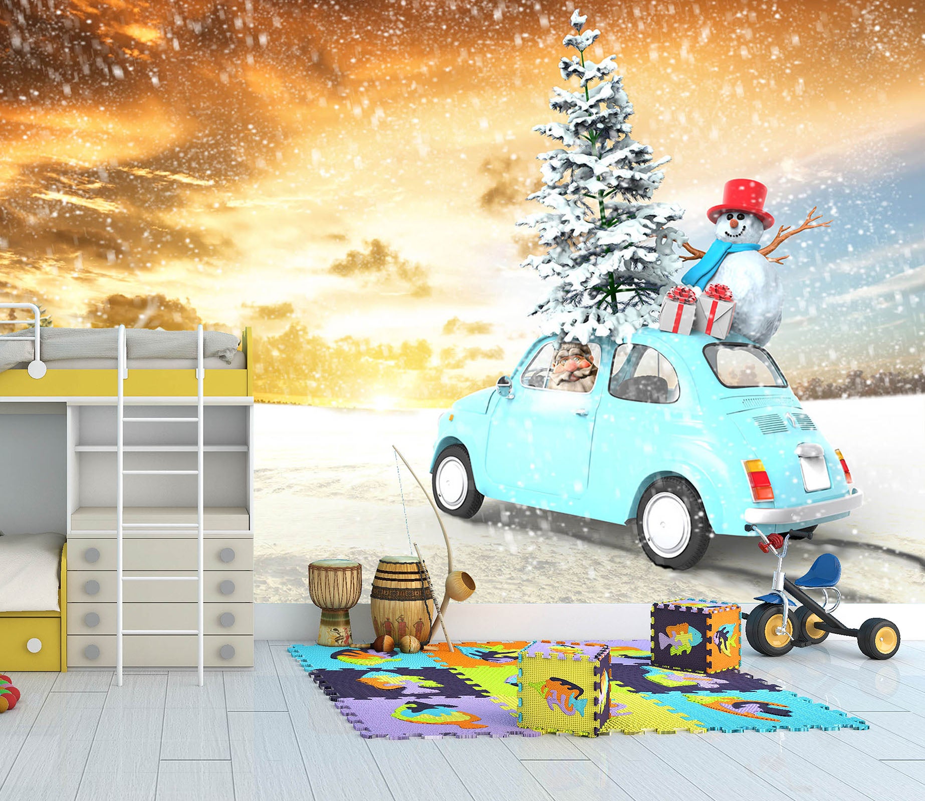 3D Snowman Car Tree 327 Vehicle Wall Murals