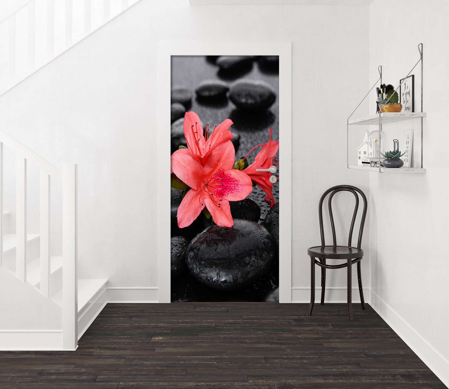 3D Red Flower Stone 23009 Door Mural