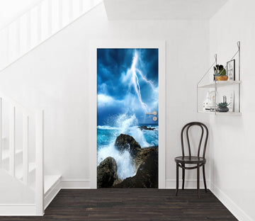 3D Blue Lightning Waves 165 Door Mural