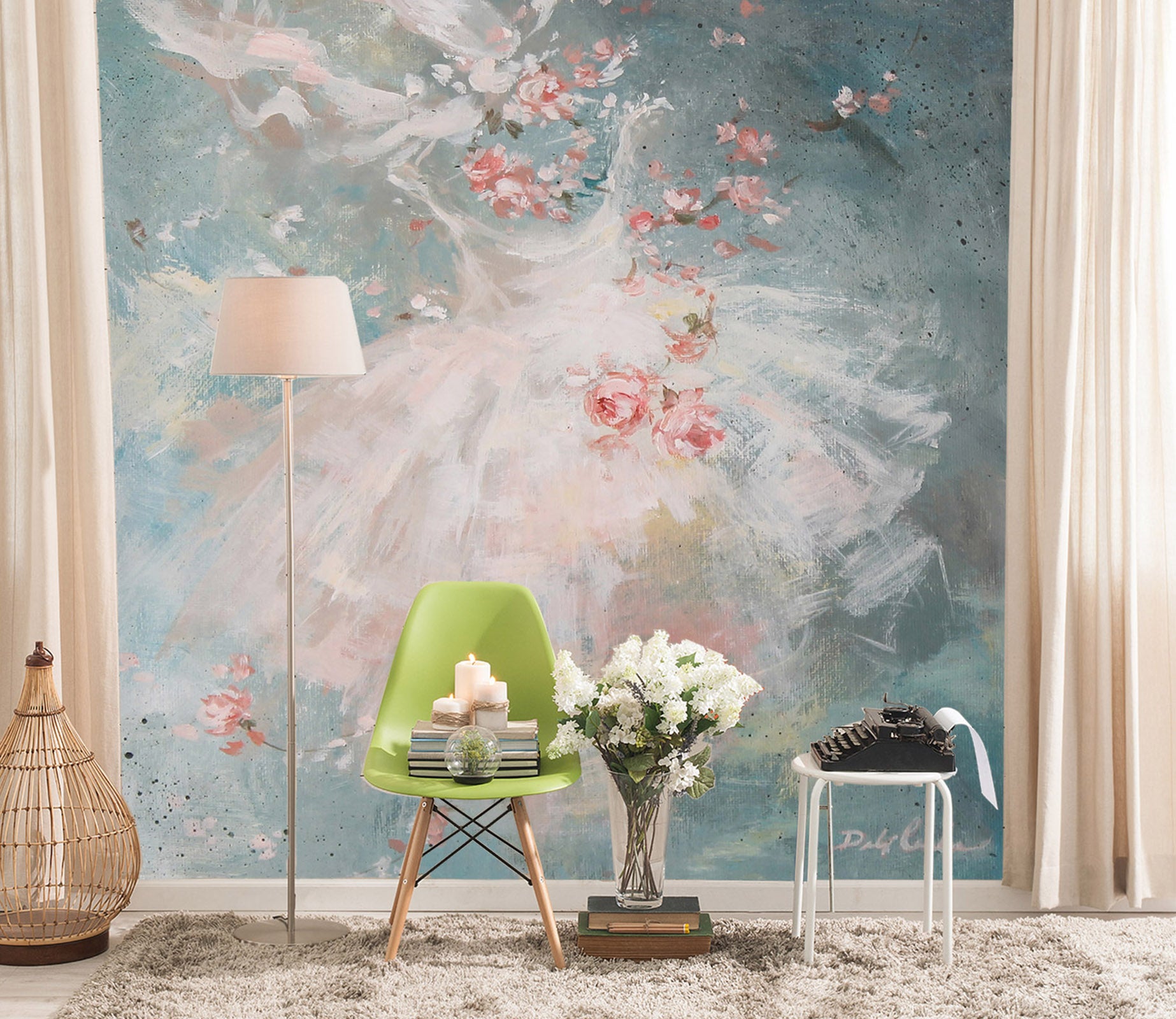 3D White Dress Pink Petals 3123 Debi Coules Wall Mural Wall Murals