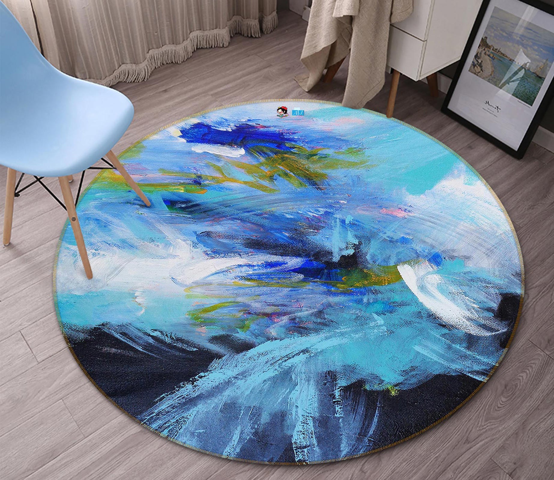 3D Blue Paint 1314 Misako Chida Rug Round Non Slip Rug Mat