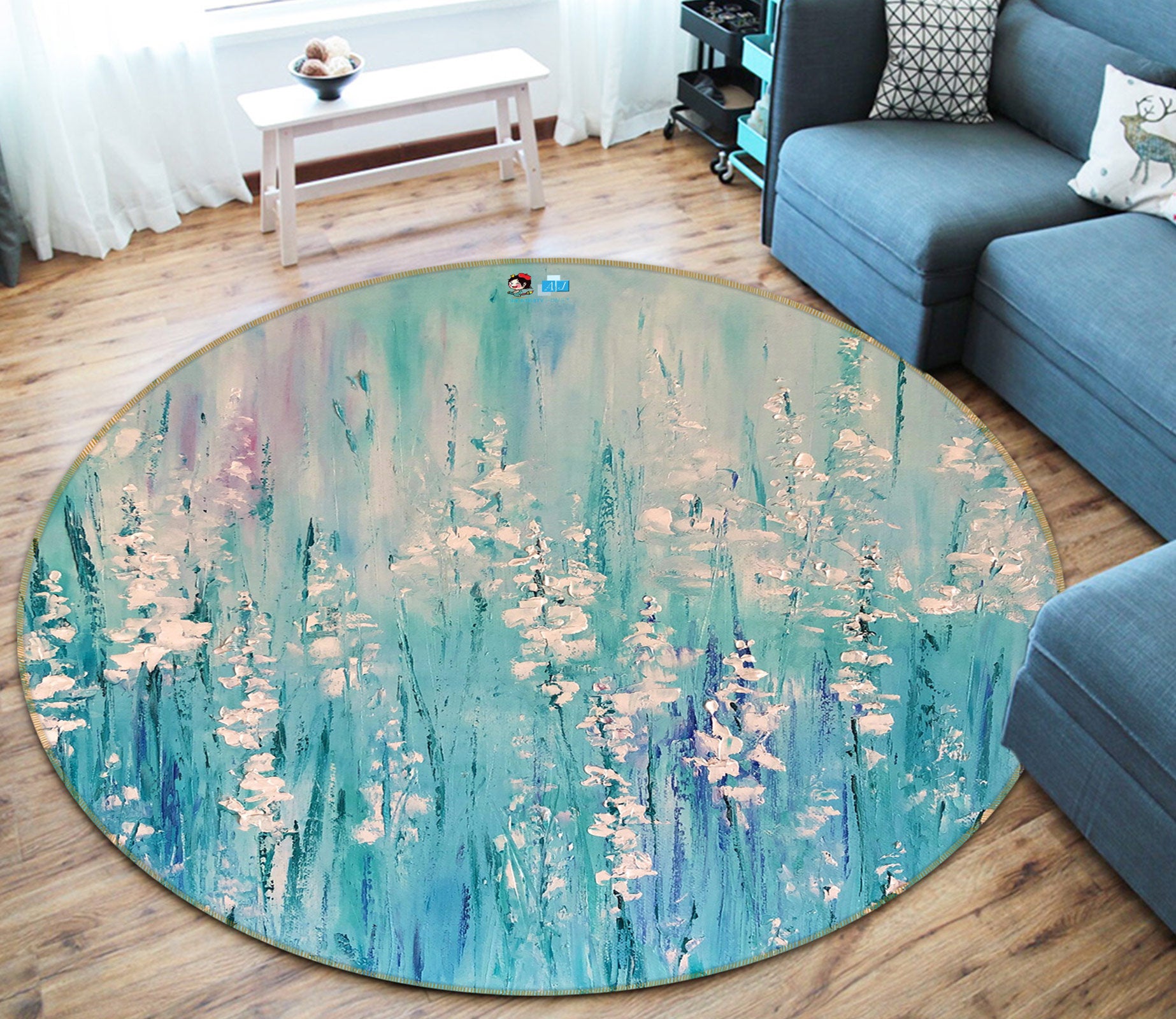 3D White Wildflowers 799 Skromova Marina Rug Round Non Slip Rug Mat