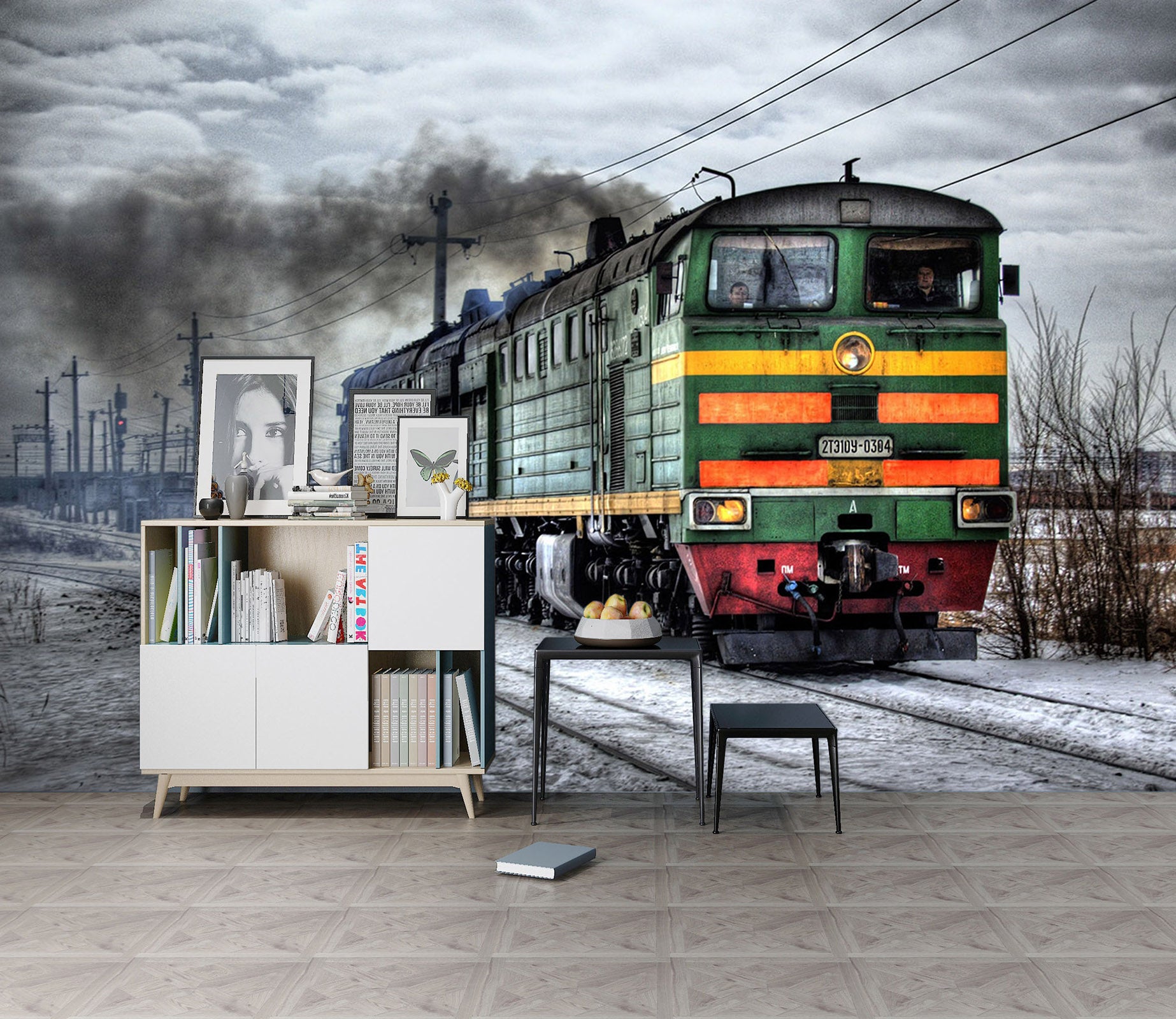 3D Green Train Snow 041 Vehicle Wall Murals