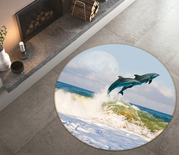 3D Jumping Dolphin 38087 Animal Round Non Slip Rug Mat