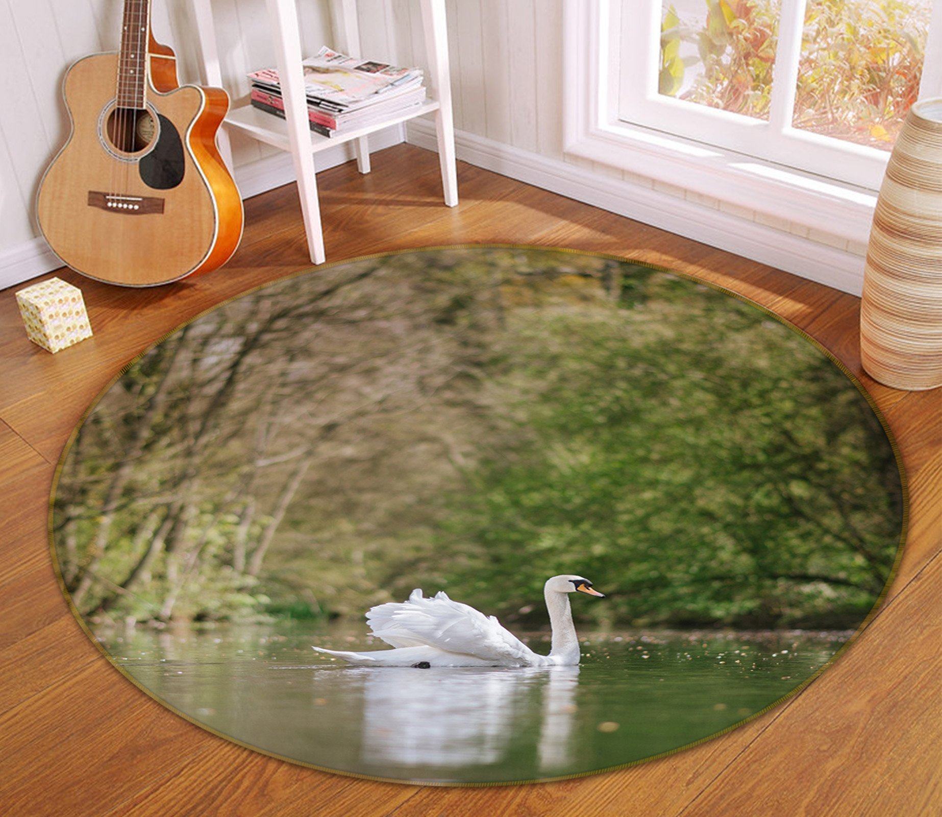 3D White Swan Swimming 108 Animal Round Non Slip Rug Mat Mat AJ Creativity Home 