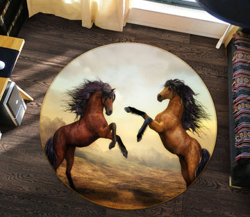 3D Two Horses 38037 Animal Round Non Slip Rug Mat