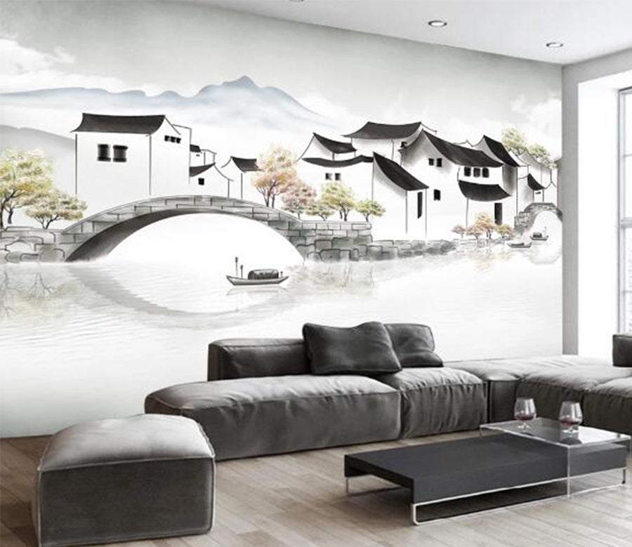 3D Bridge Tree River WC2069 Wall Murals