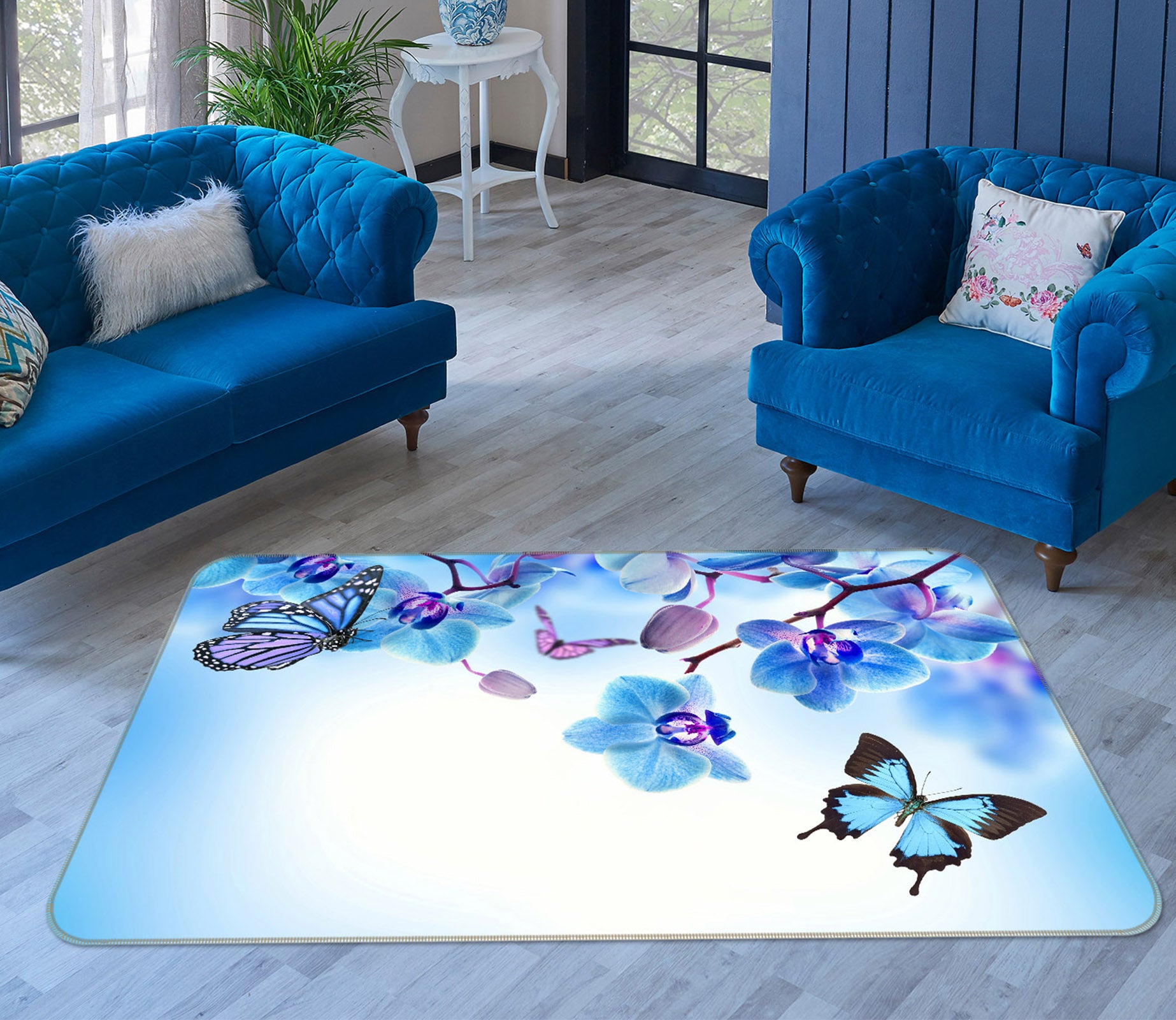 3D Blue Flower Butterfly 68182 Animal Non Slip Rug Mat