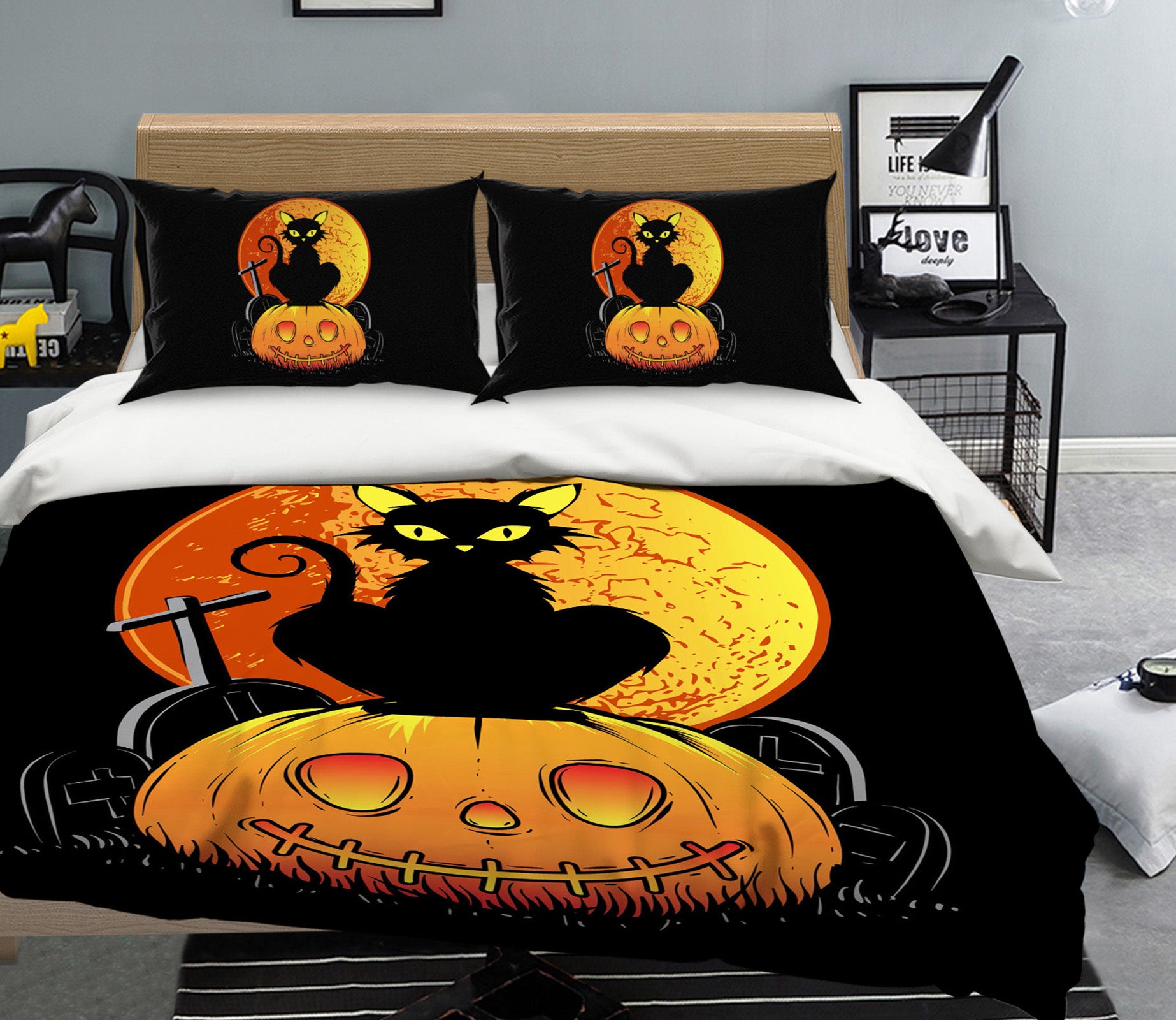 3D Moon Cat Pumpkin 1214 Halloween Bed Pillowcases Quilt Quiet Covers AJ Creativity Home 