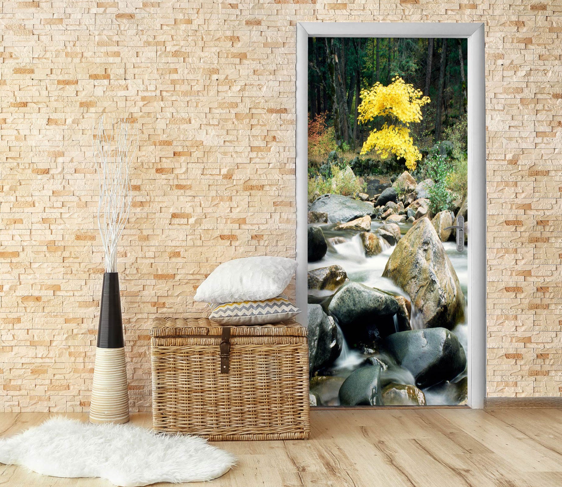 3D Yellow Tree Stone 048 Door Mural