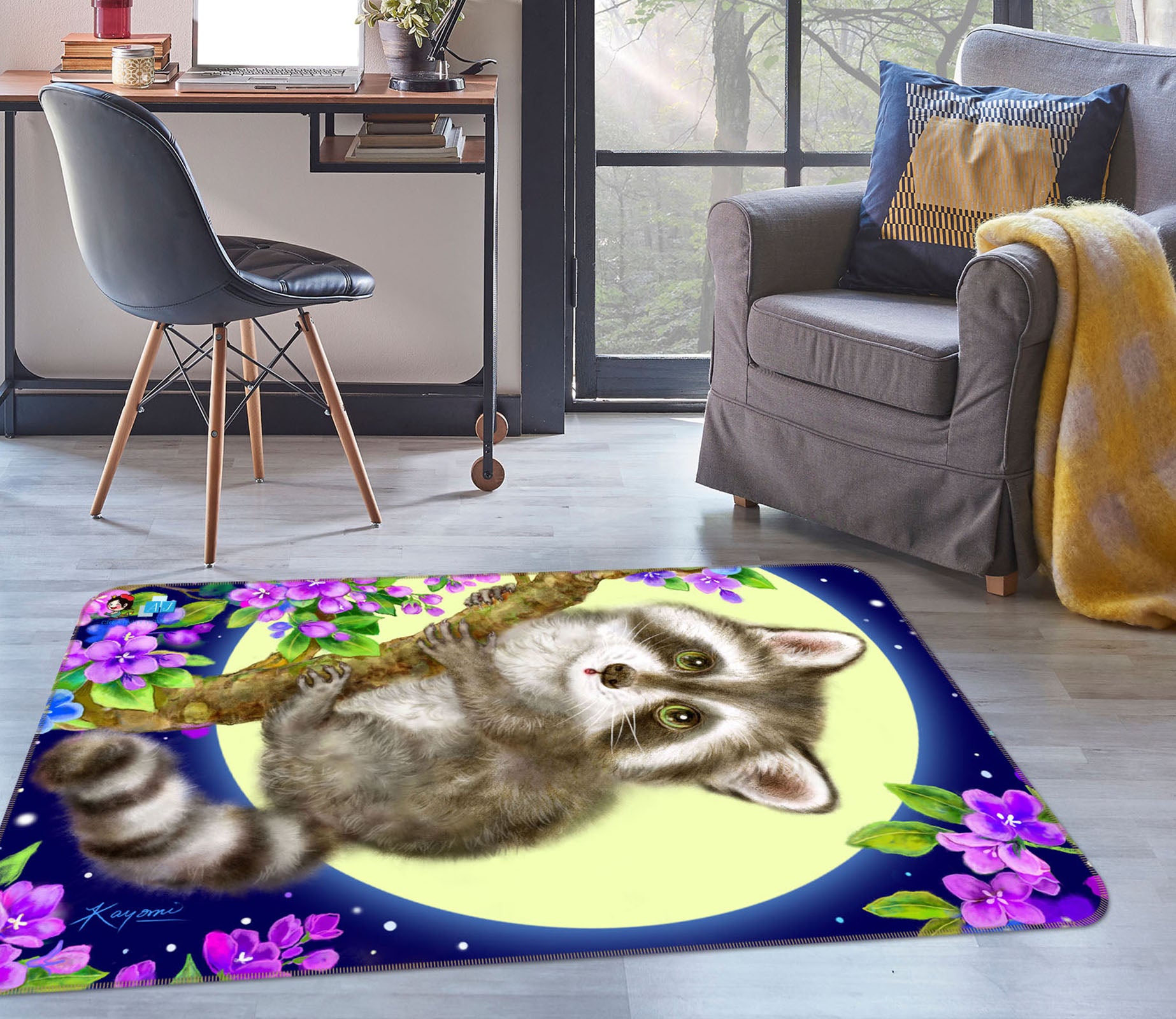 3D Flower Moon Tanuki 5740 Kayomi Harai Rug Non Slip Rug Mat