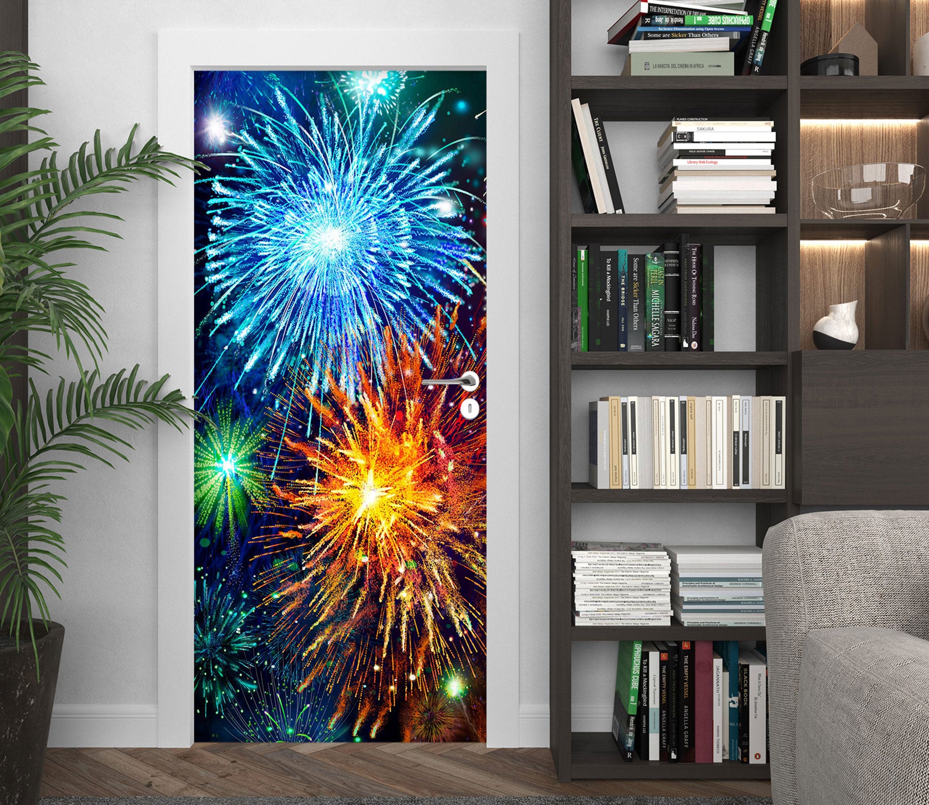 3D Blue Fireworks 153 Door Mural