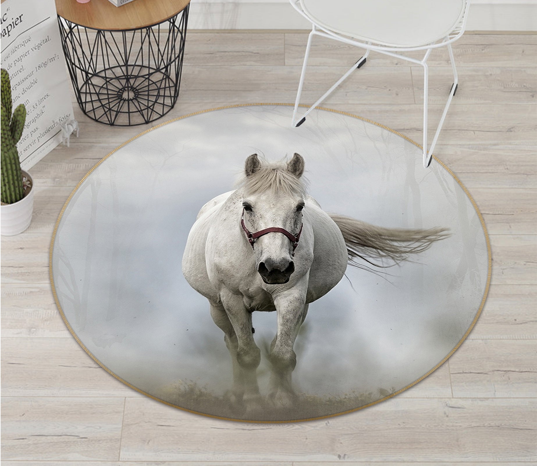 3D White Horse 82238 Animal Round Non Slip Rug Mat