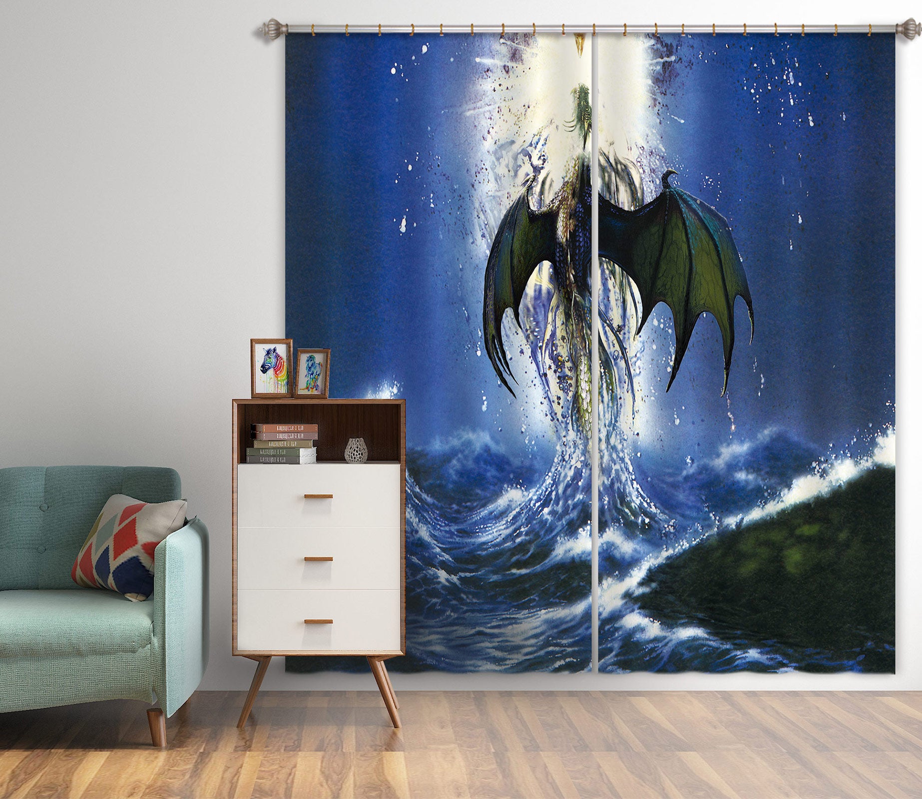 3D Night Sky Waves Dragon 7156 Ciruelo Curtain Curtains Drapes