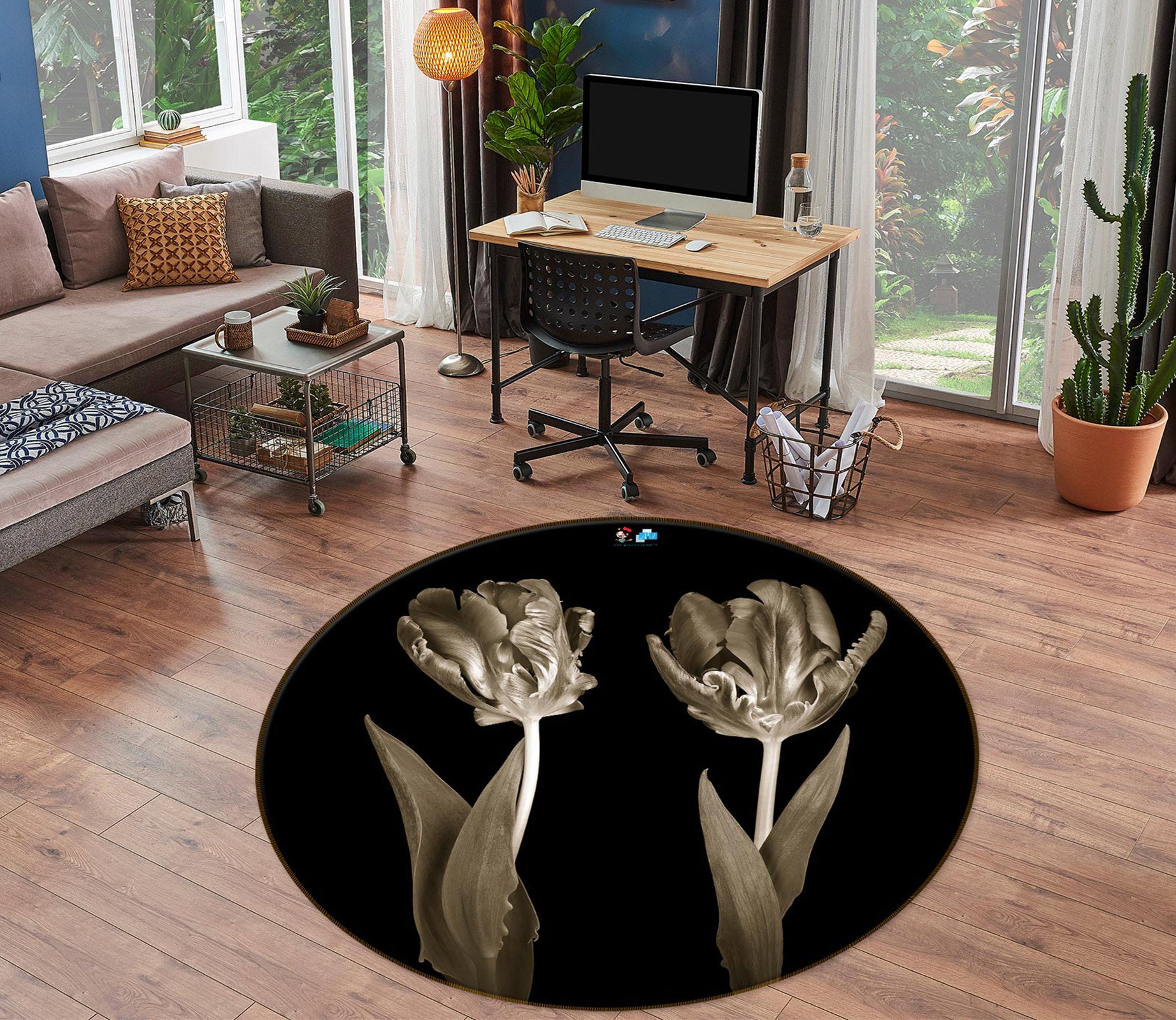 3D Elegant Flower 7505 Assaf Frank Rug Round Non Slip Rug Mat