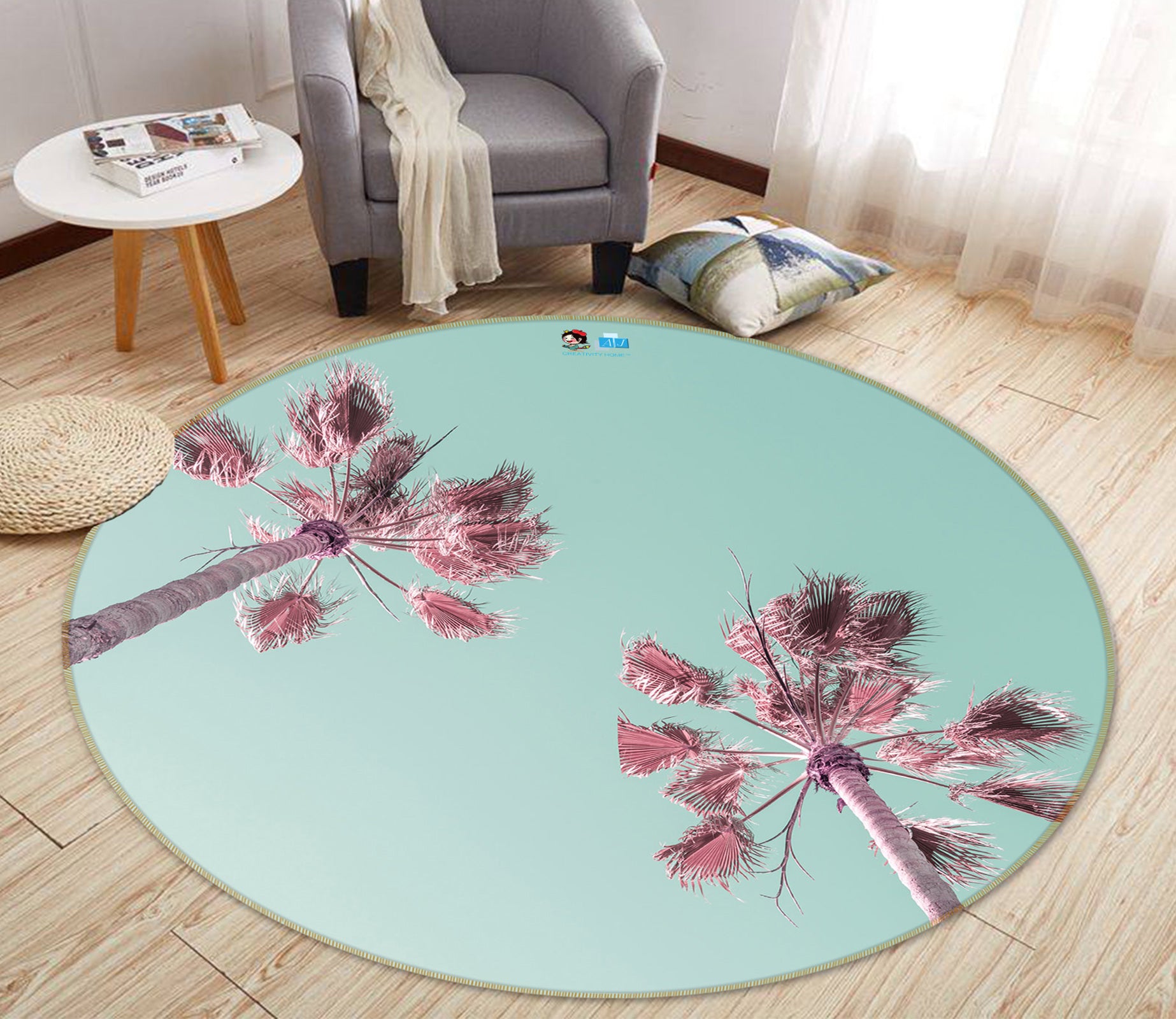 3D Pink Coconut Tree 7551 Assaf Frank Rug Round Non Slip Rug Mat