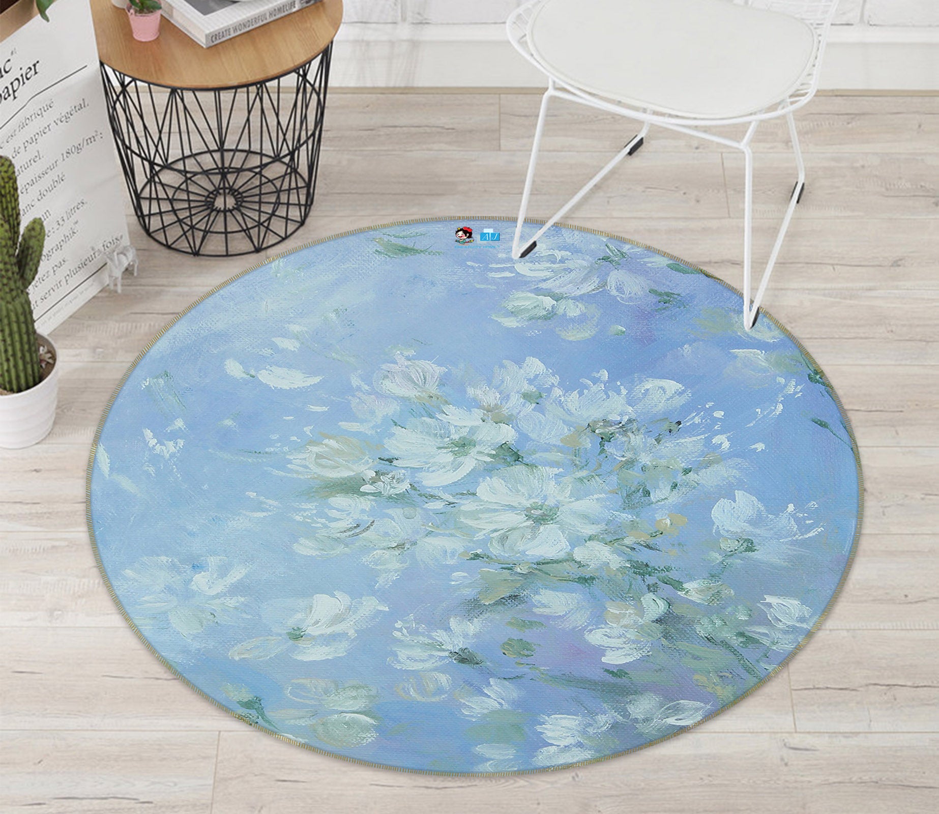 3D White Flower Bush 1118 Debi Coules Rug Round Non Slip Rug Mat