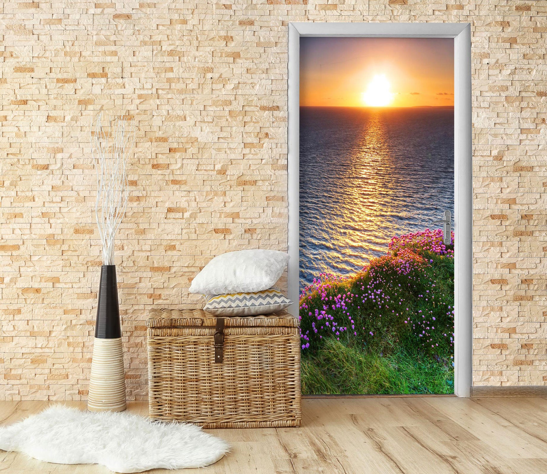 3D Sunset Sea Flower 104 Door Mural