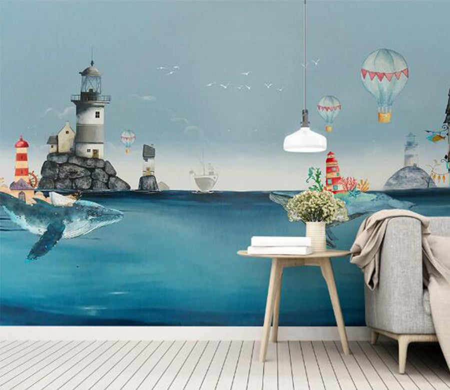 3D Whale Lighthouse WC1146 Wall Murals