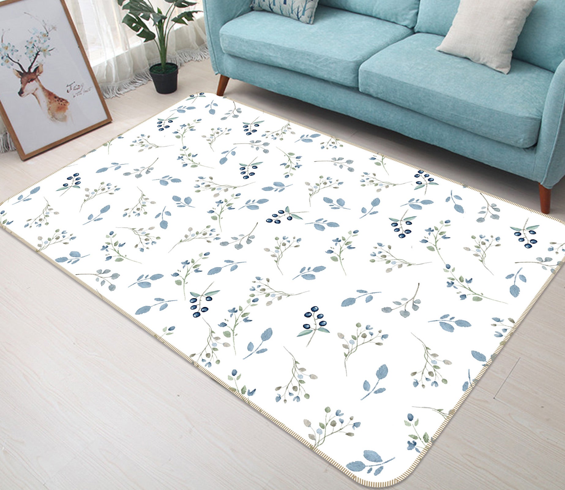 3D Blueberry Leaves 005 Uta Naumann Rug Non Slip Rug Mat