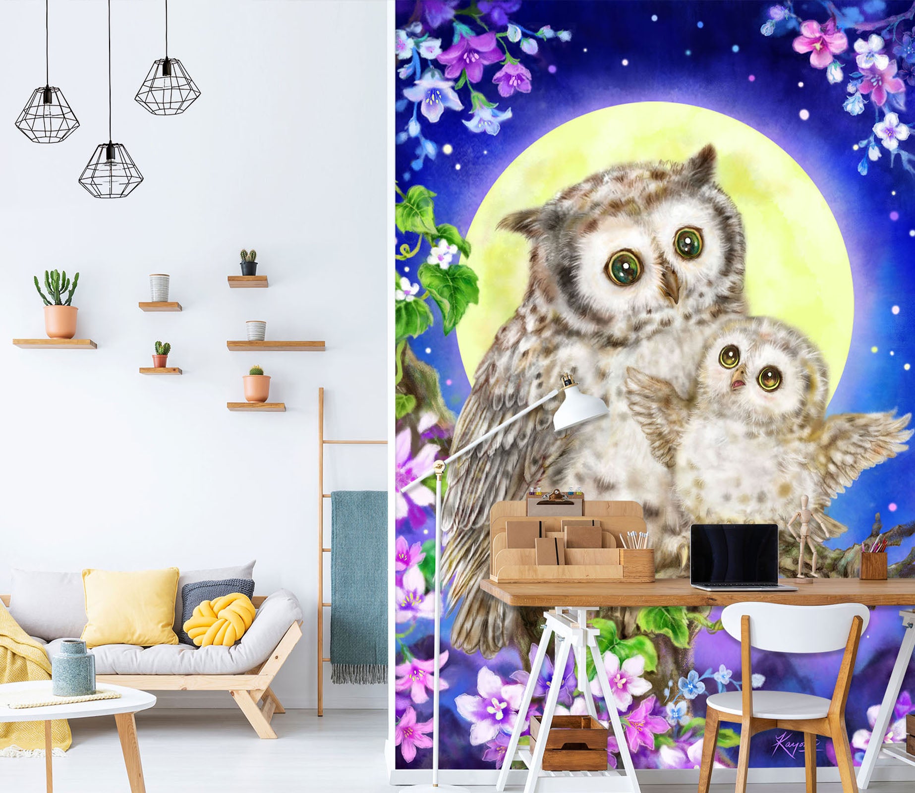 3D Moon Owl Flower 5563 Kayomi Harai Wall Mural Wall Murals