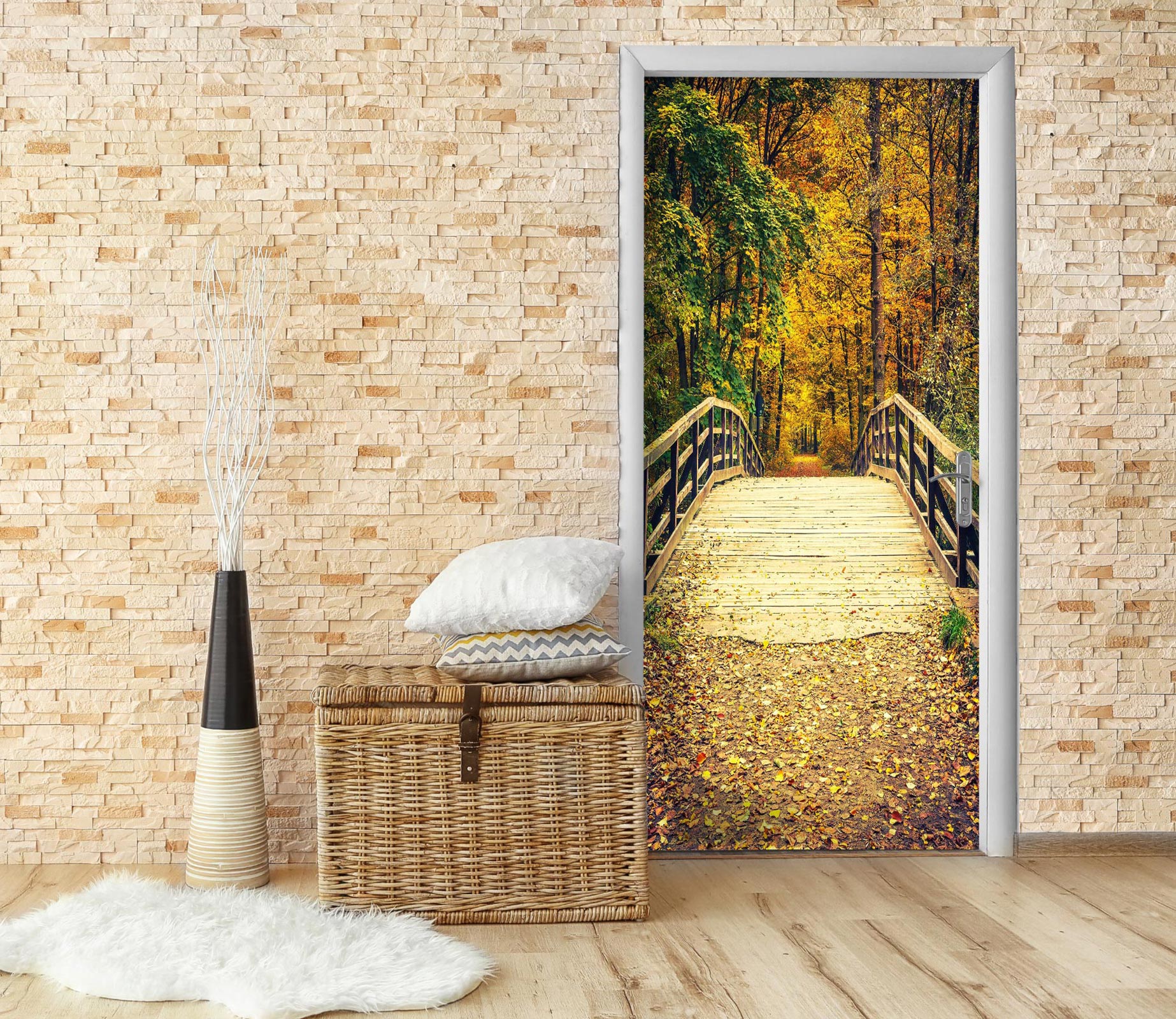 3D Yellow Bridge Tree 229 Door Mural