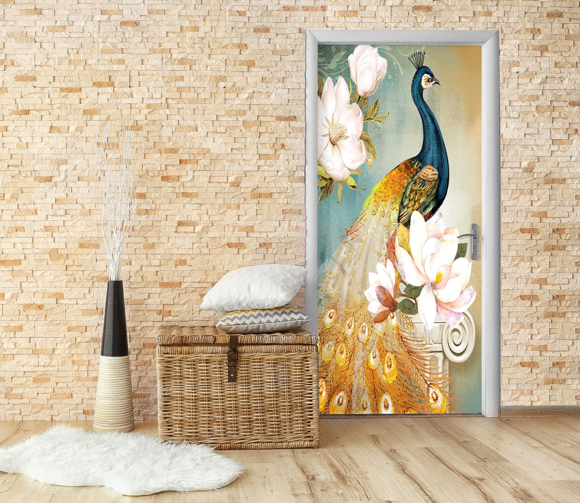 3D Peacock Lotus 25022 Door Mural