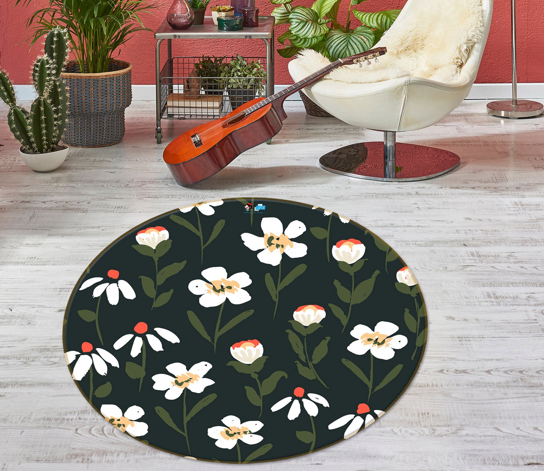 3D White Floral 10521 Kashmira Jayaprakash Rug Round Non Slip Rug Mat