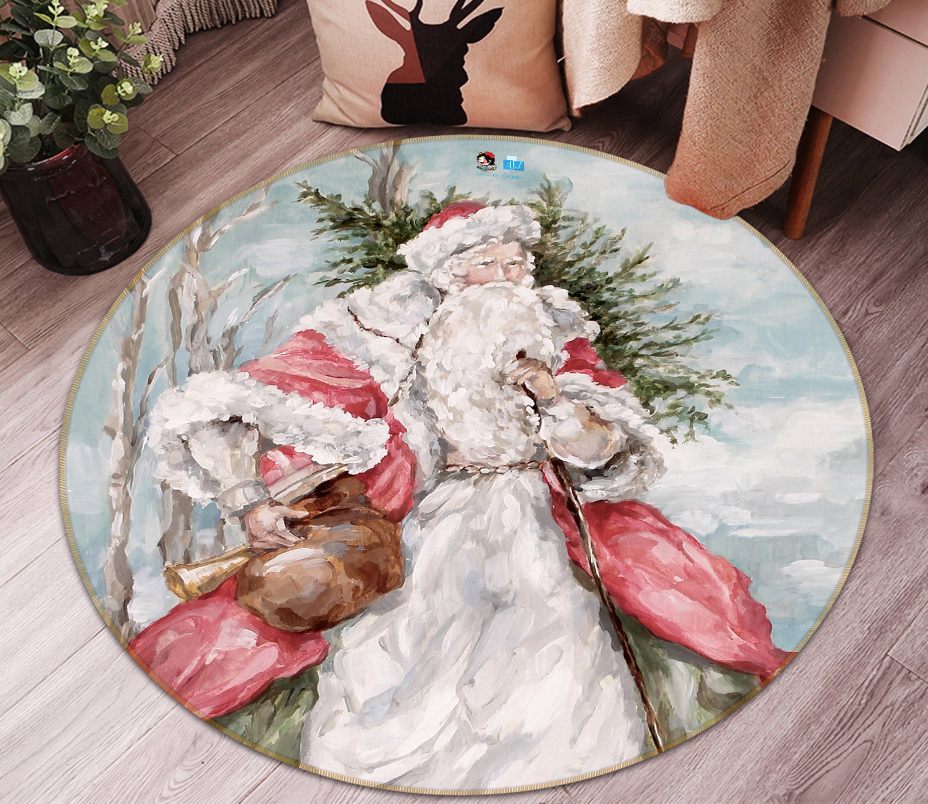 3D Santa Claus 1135 Debi Coules Rug Round Non Slip Rug Mat