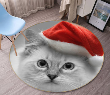 3D Cat Red Hat 82010 Animal Round Non Slip Rug Mat