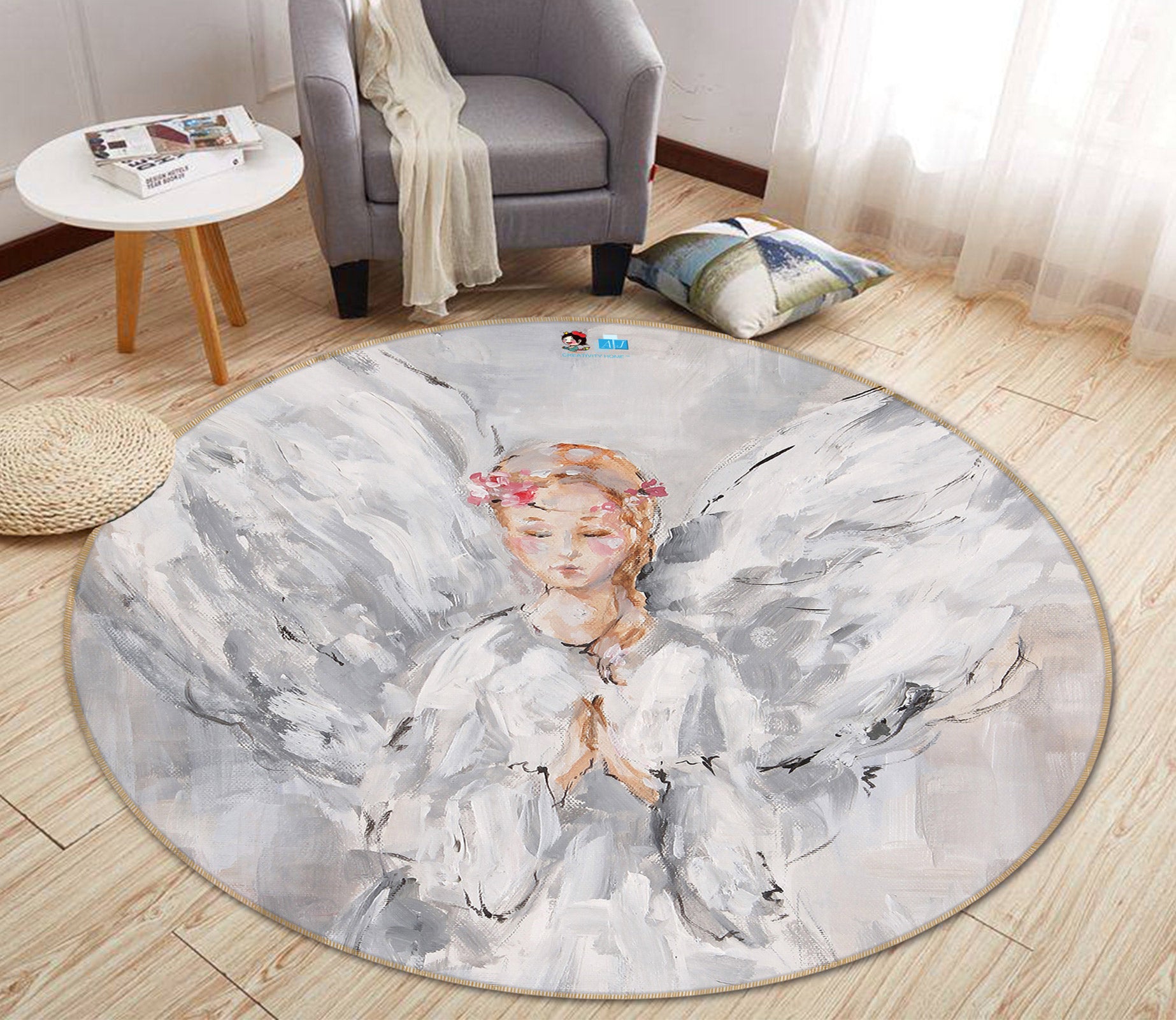 3D White Winged Angel 1167 Debi Coules Rug Round Non Slip Rug Mat