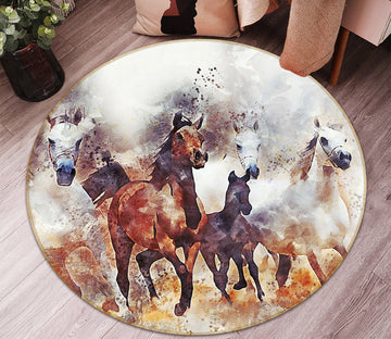 3D Running Horse Group 066 Animal Round Non Slip Rug Mat Mat AJ Creativity Home 