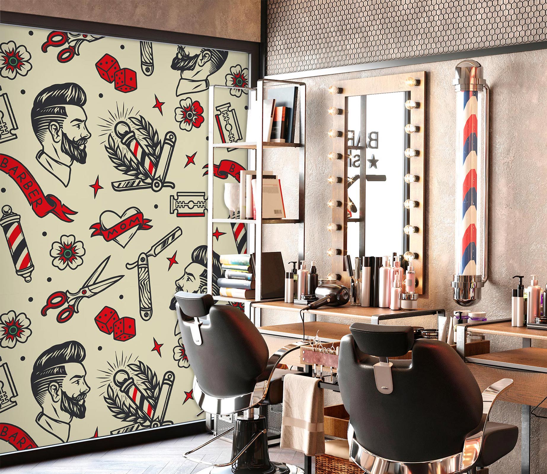 3D American Retro Haircut Pattern 115186 Barber Shop Wall Murals