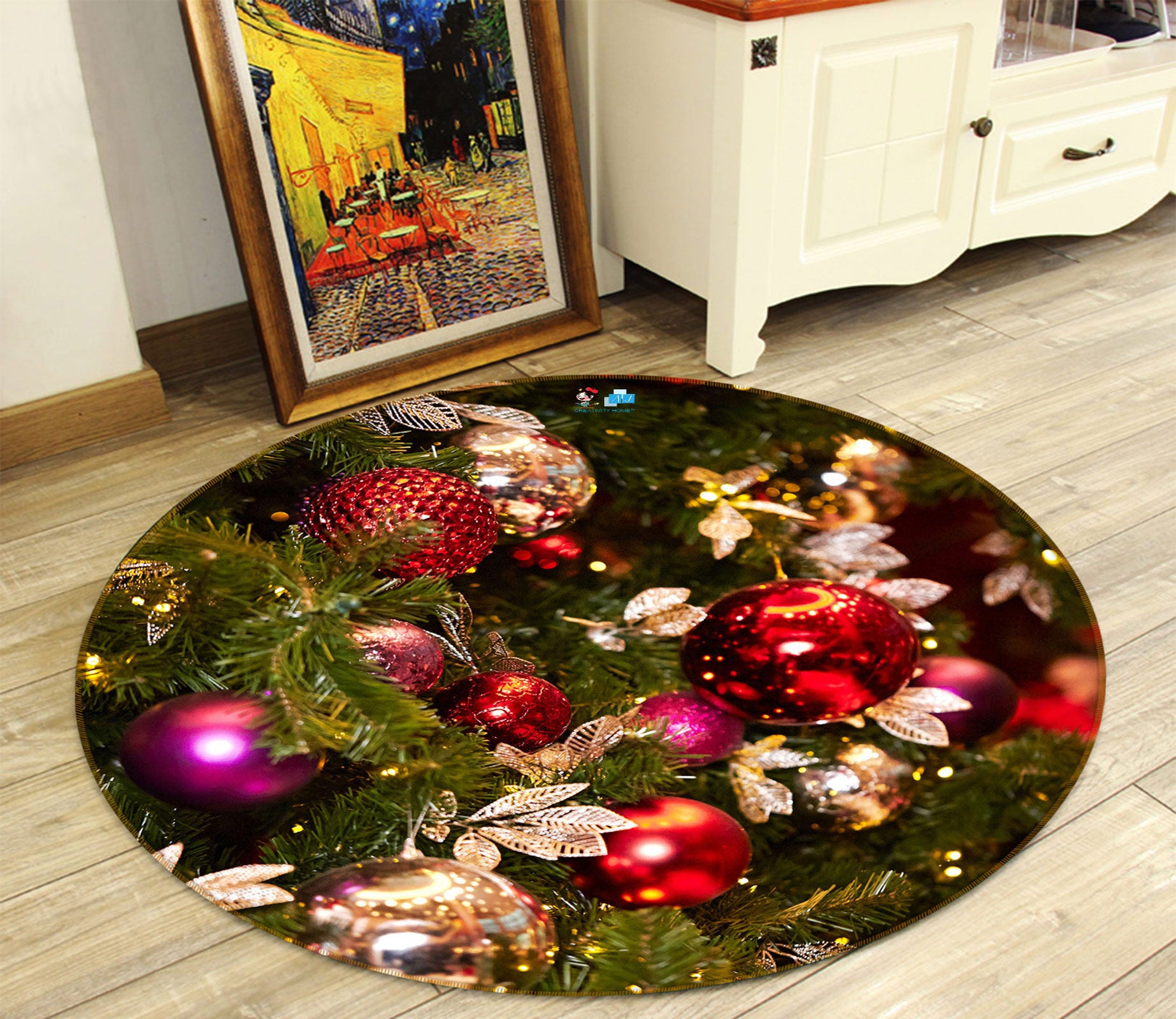 3D Red Ball Pendant 54064 Christmas Round Non Slip Rug Mat Xmas