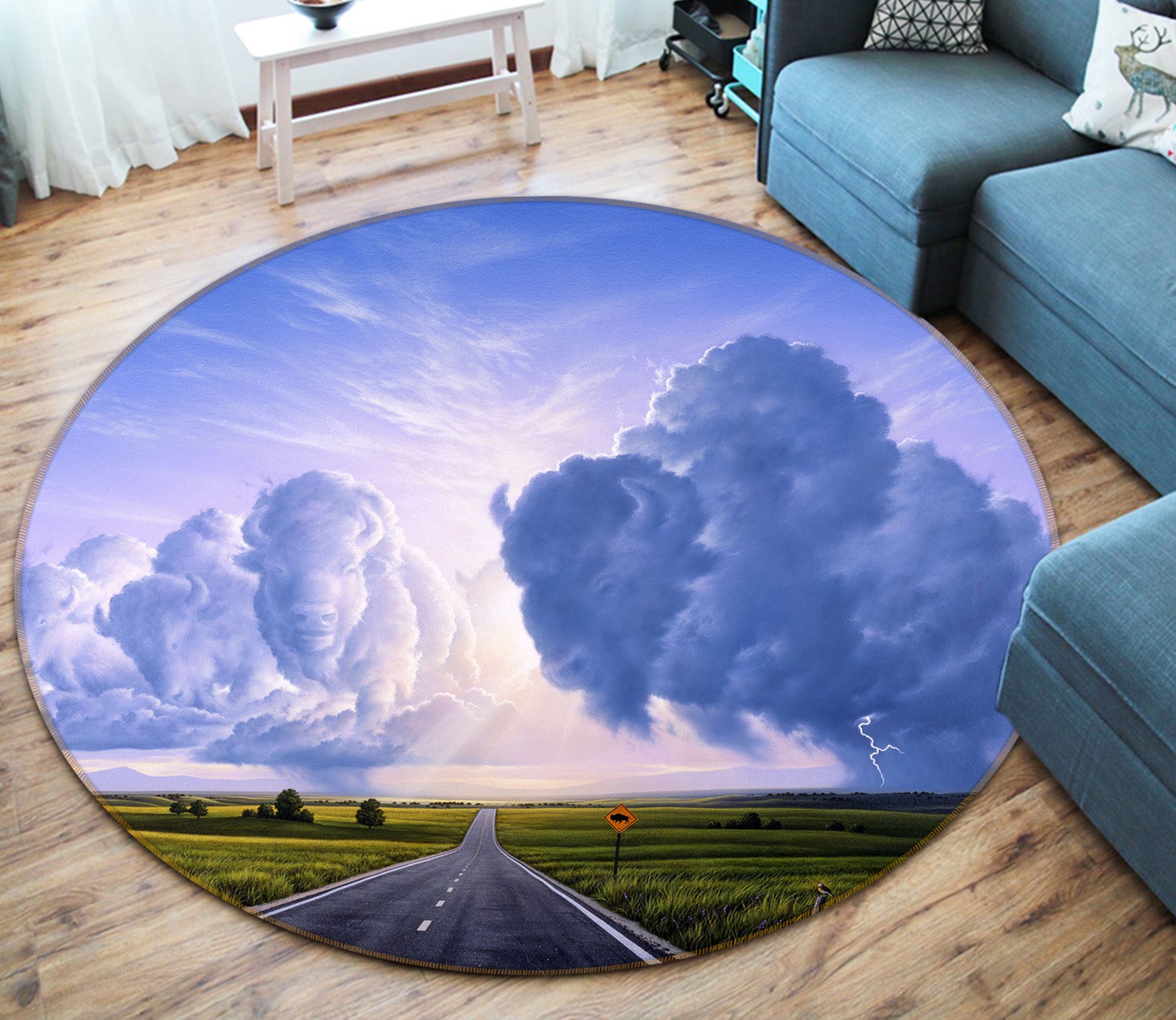 3D Highway Clouds 83121 Jerry LoFaro Rug Round Non Slip Rug Mat