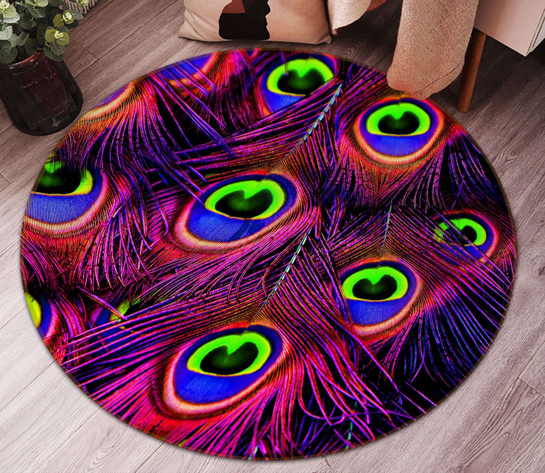 3D Color Peacock Feather 82025 Animal Round Non Slip Rug Mat