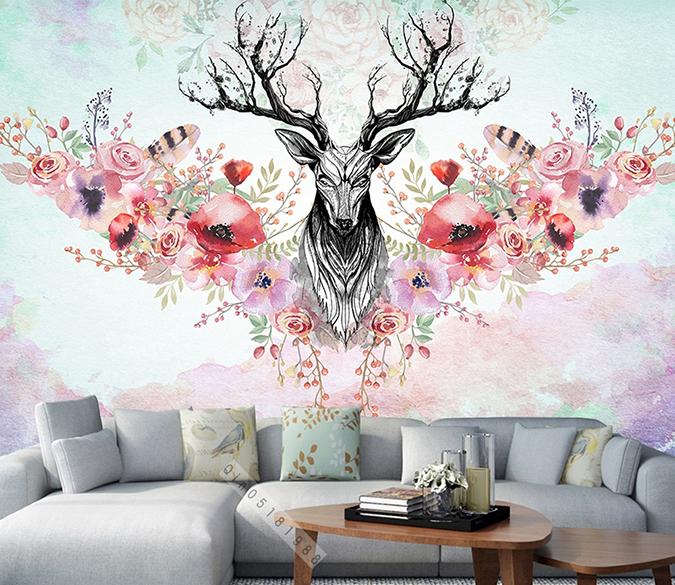 3D Deer Flower 515 Wall Murals Wallpaper AJ Wallpaper 2 