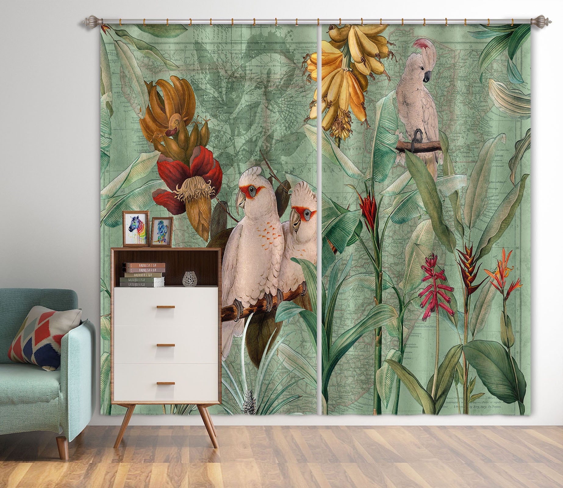 3D Banana Parrot Flower 213 Uta Naumann Curtain Curtains Drapes