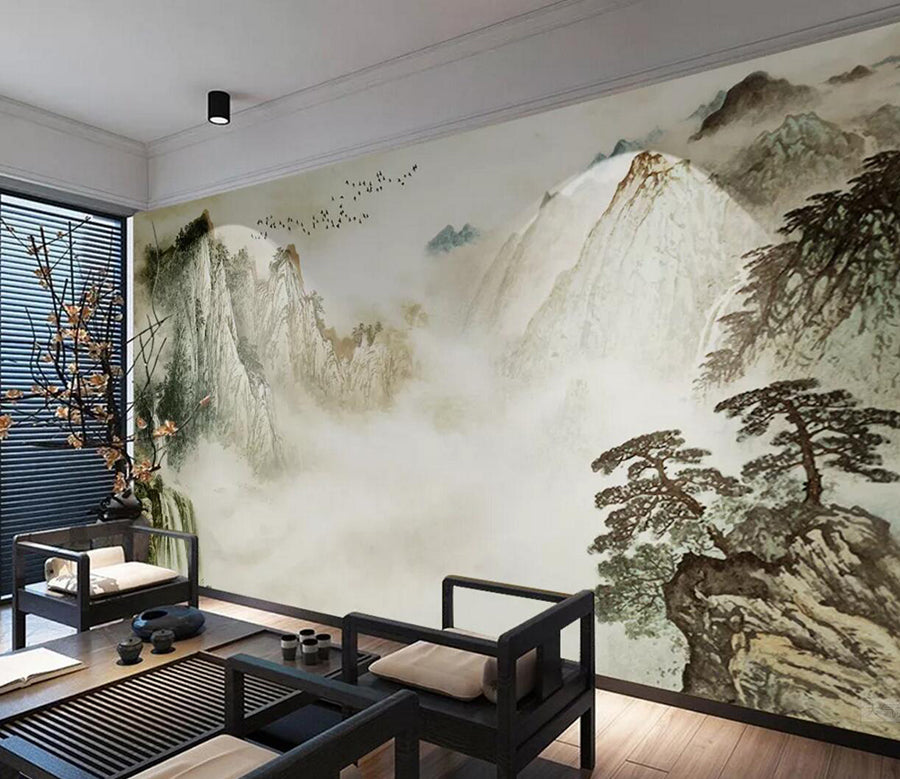 3D Mountain Cliff Tree WC534 Wall Murals